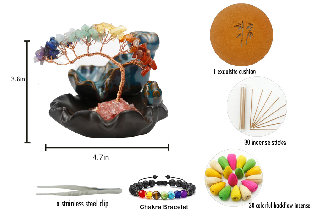 Waterfall Burner, Crystal Tree Backflow Incense Holder, with 30 Incense Cones, 30 Incense Stick, 1 Healing Crystal Necklace, Aromatherapy Anxiety Relief Items, Mom Gifts for Christmas