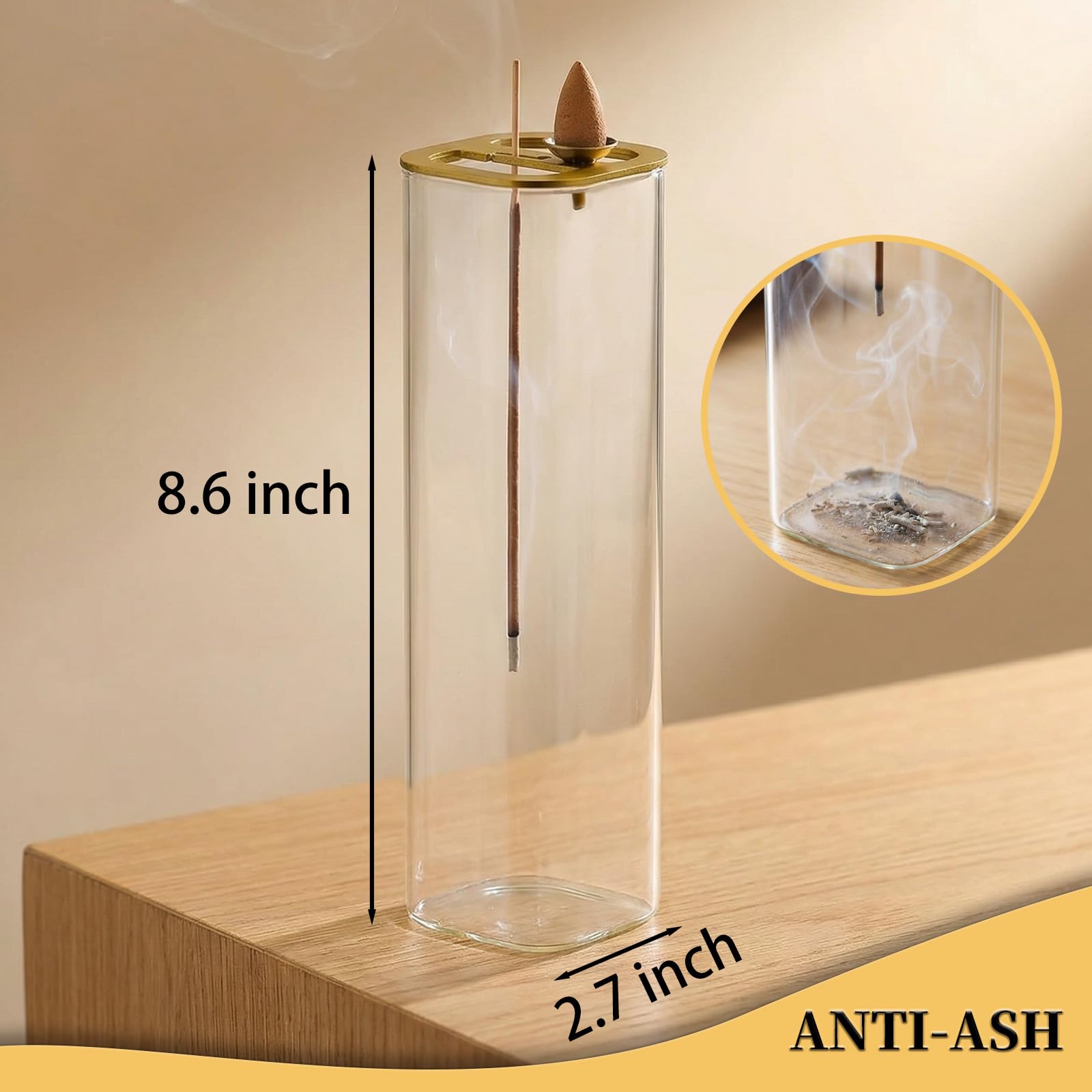 Ceremony Incense Holder, Wooden Incense Holder for Sticks with Glass Ash Catcher, Anti-ash Incense Burner with 20 Incense Sticks and a Ash Brush for Meditation Yoga Spa Room Decor