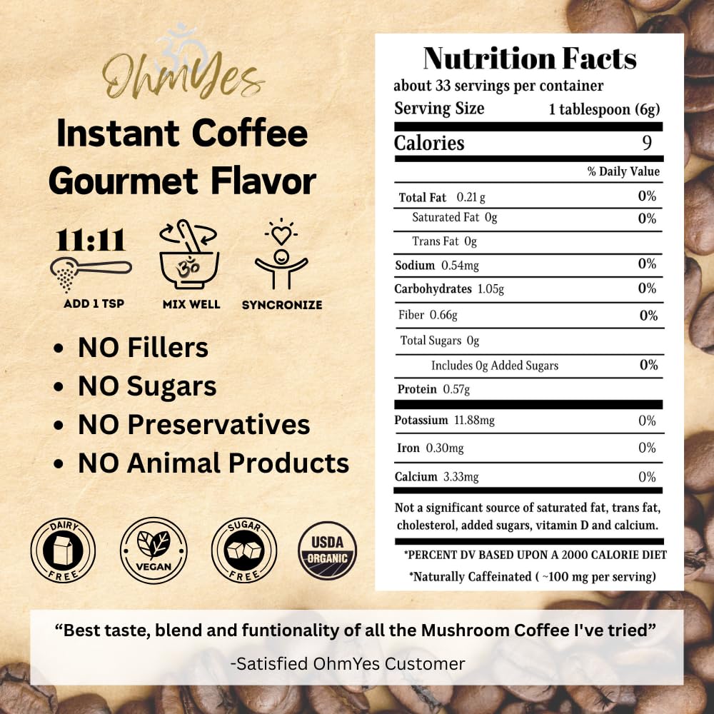 OhmYes Mocha Mushroom Coffee with Pure Cacao | Organic 11 Mushroom Adaptogen Blend (Lions Mane, Reishi, Chaga, Cordyceps) | Premium Chocolate Dark Roast Instant Coffee | Unsweetened | 7oz