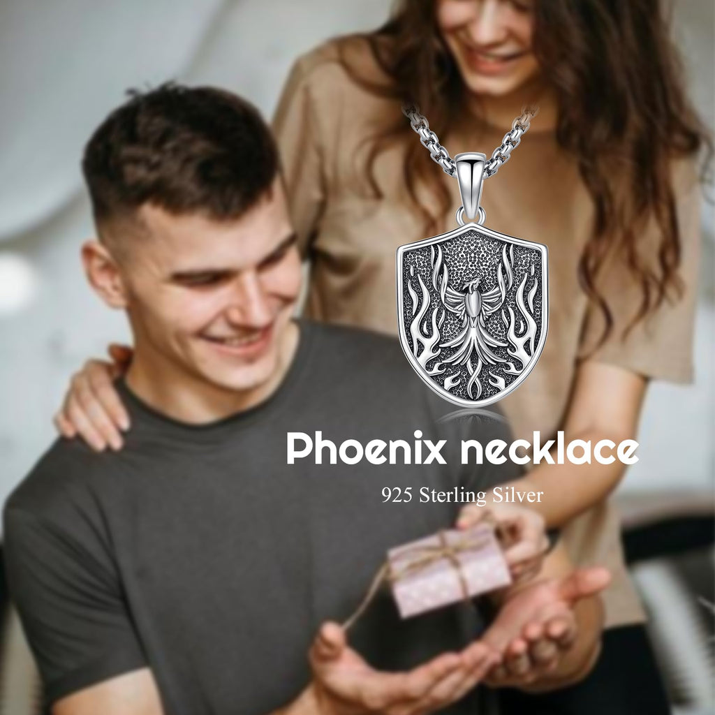 PELOVNY Phoenix Necklace 925 Sterling Silver Shield/Sword/Crystal/Tarot Card/Dog Tag/Cross/Abalone/Axe Pendant Rising Bird Jewelry for Anniversary Birthday Christmas Gifts Men Women