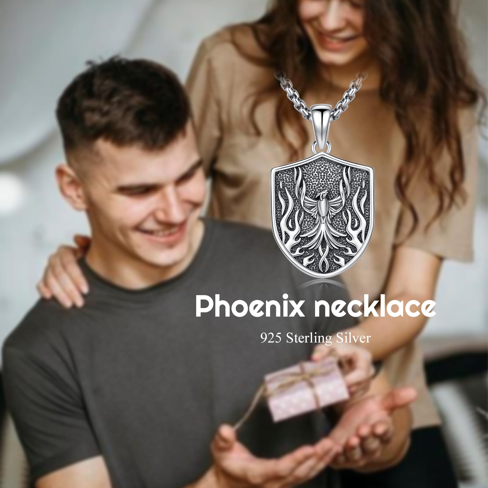 PELOVNY Phoenix Necklace 925 Sterling Silver Shield/Sword/Crystal/Tarot Card/Dog Tag/Cross/Abalone/Axe Pendant Rising Bird Jewelry for Anniversary Birthday Christmas Gifts Men Women