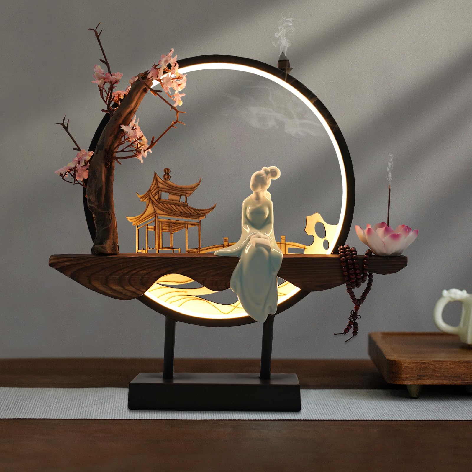 Backflow Incense Holder, Ceramic Incense Burner with Adjustable LED Light, Chinese Style Ornament Incense Holders with Backflow for Relaxing and Home Decor