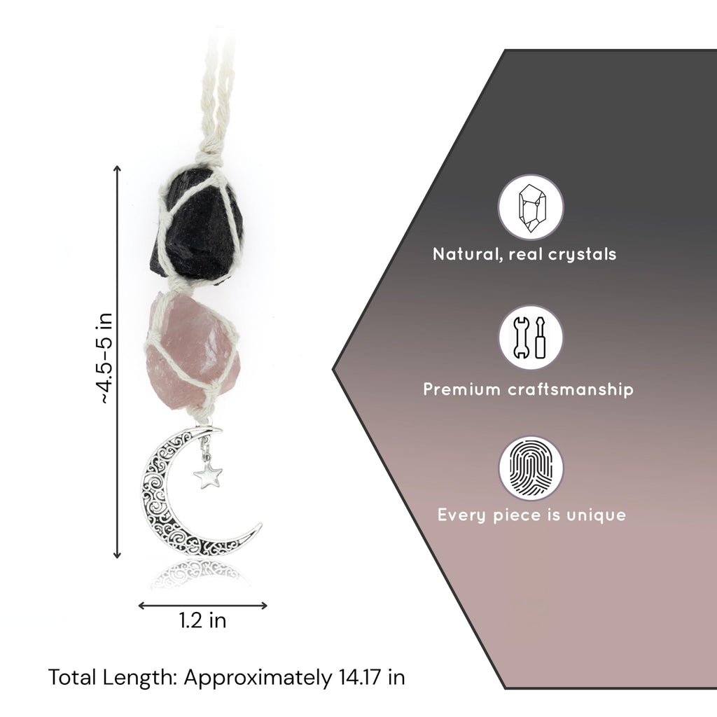 BOHO GARDEN Crystal Hanging Car Charm - Purple Rear View Mirror Hanging Car Accessories for Women, Moon Decor Hanging Ornament, Witchy Gifts and Healing Stones - Rose Quartz & Amethyst