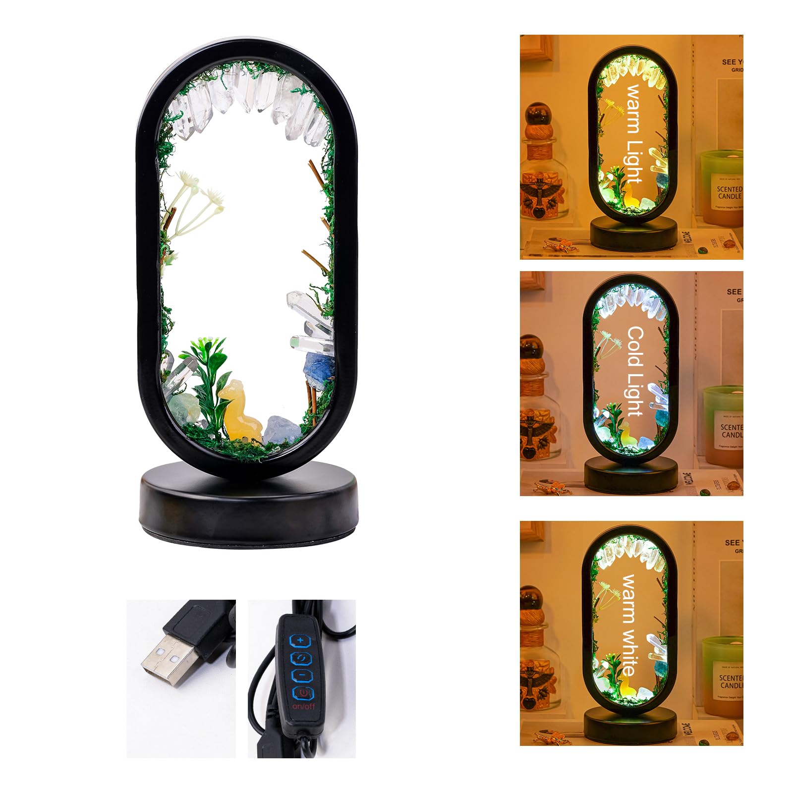 Runyangshi Amethyst Night Lamp 8.6" Natural Healing Crystal Bedside Lamp USB Port 3 Colours Dimming Mode Bedroom Lamp Suitable Night Light for Living Room Bedroom Office Home Decor Ideal Gift