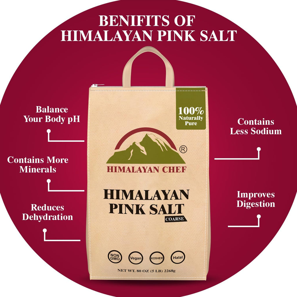 Himalayan Chef Pink Himalayan Salt Coarse Grain, 5 lbs Plastic Jar - Pure, Natural, Kosher, Mineral-Rich, Ideal for Grinder Refills, Cooking, Seasoning