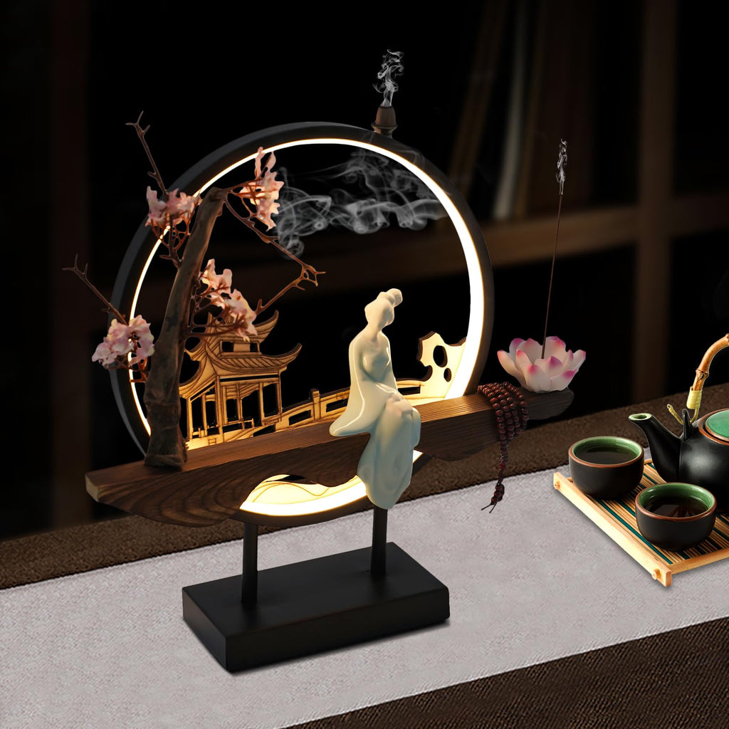 Backflow Incense Holder, Ceramic Incense Burner with Adjustable LED Light, Chinese Style Ornament Incense Holders with Backflow for Relaxing and Home Decor