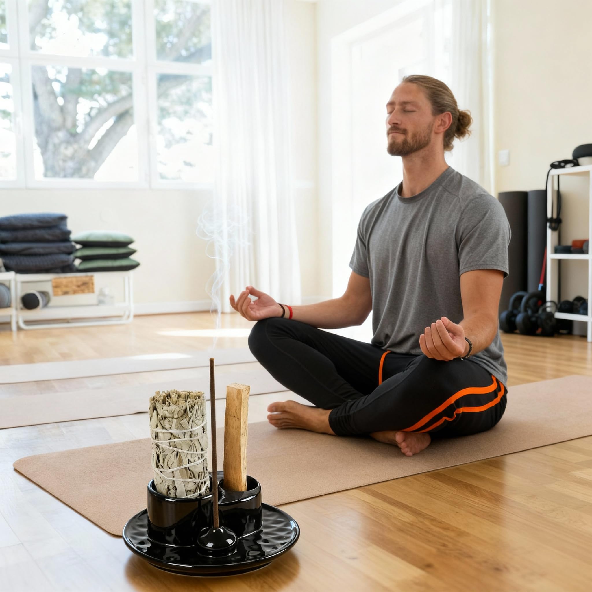 Handmade Ceramic Incense Burner for Palo Santo Incense Sticks, 4 in 1 Multi-Purpose Sage Holder for Burning, Ash Catcher Tray for Meditation Yoga Room (Golden)