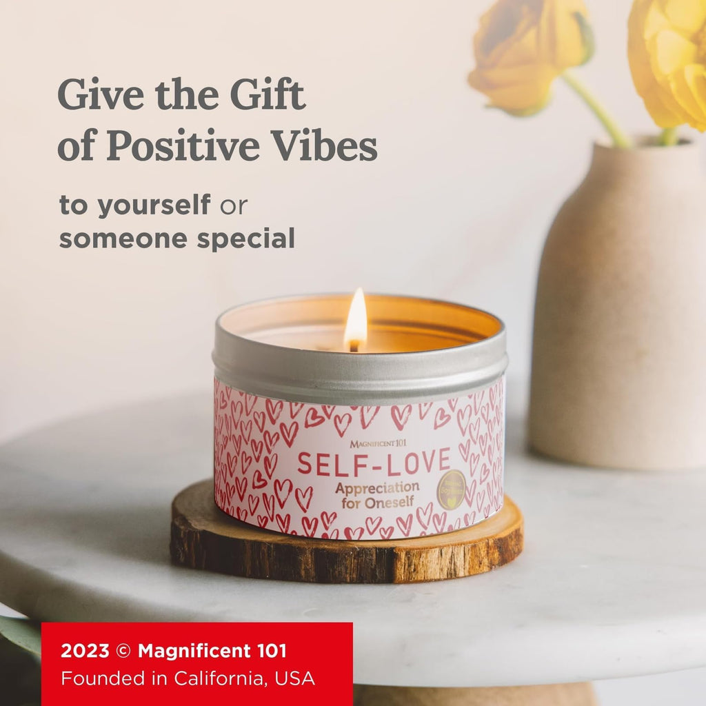 Magnificent 101 Long Lasting Self-Love Aromatherapy Tin Candle | 6 Oz - 35 Hour Burn | All Natural Soy Wax with Sage Rose Lavender Scented for Appreciation for Oneself, Purification, Manifestation