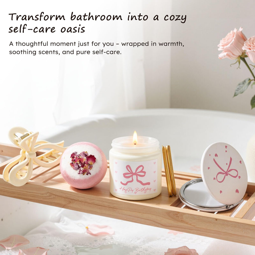 Elegant Birthday Gifts for Women, Black Bow Unique Birthday Relaxing Gifts Box with Scented Candles, Greeting Card & Home-Spa Relaxation, Birthdays Presents for Her, Best Friend, Sister, Wife