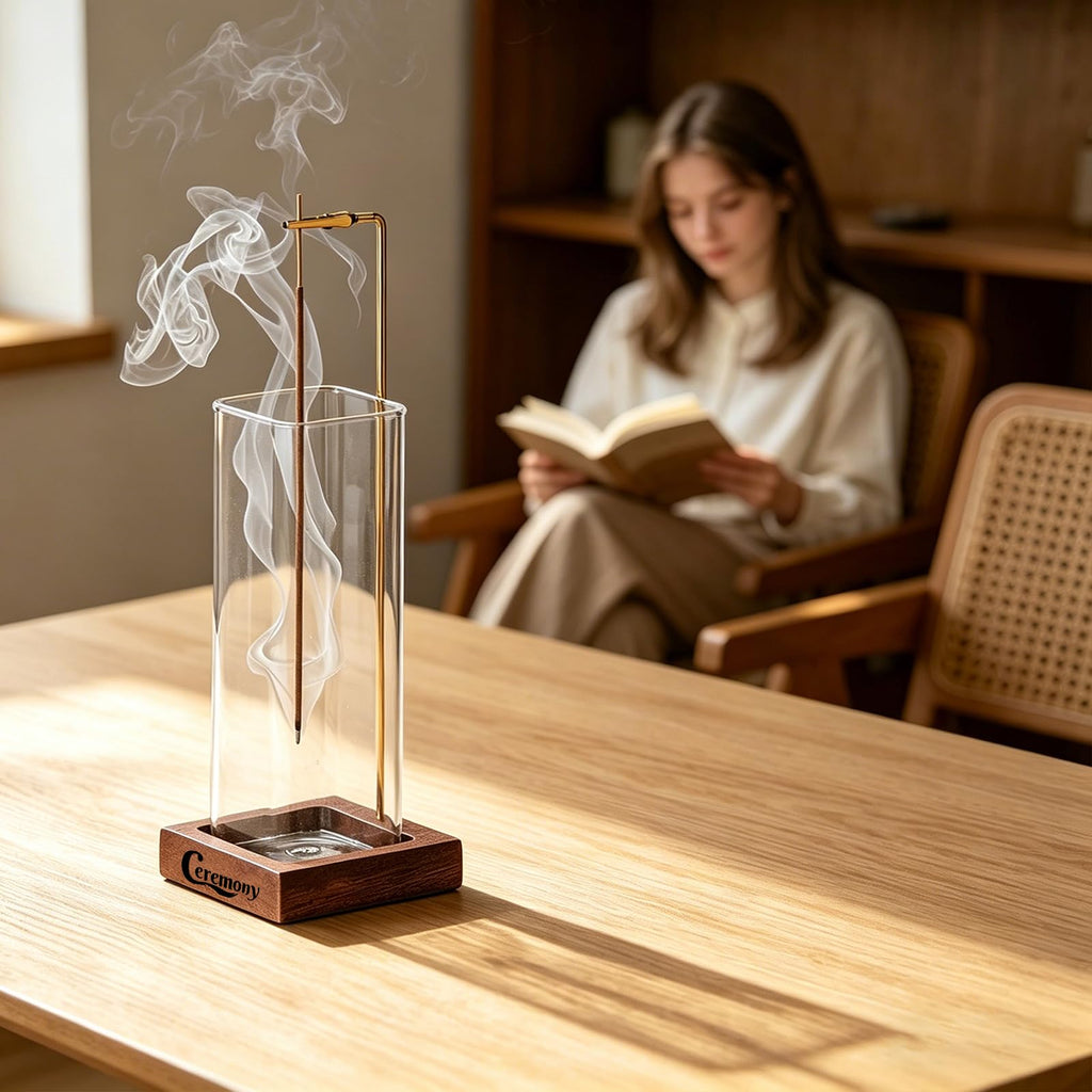 Ceremony Incense Holder, Wooden Incense Holder for Sticks with Glass Ash Catcher, Anti-ash Incense Burner with 20 Incense Sticks and a Ash Brush for Meditation Yoga Spa Room Decor