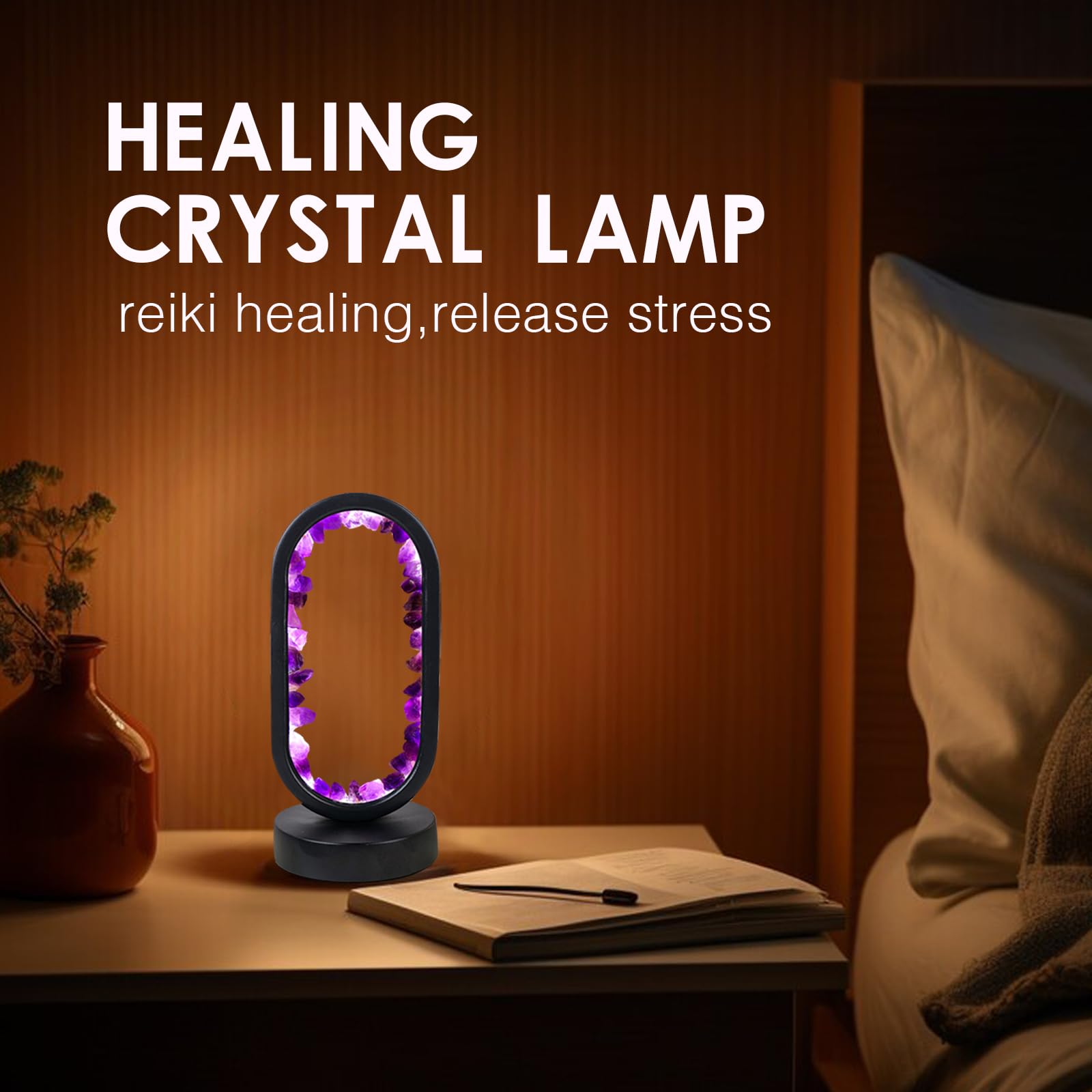 Runyangshi Amethyst Night Lamp 8.6" Natural Healing Crystal Bedside Lamp USB Port 3 Colours Dimming Mode Bedroom Lamp Suitable Night Light for Living Room Bedroom Office Home Decor Ideal Gift