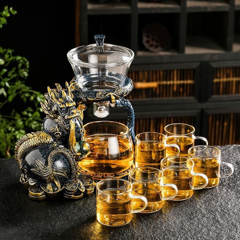 Glass Teapot Set with Infuser Semi Automatic Dragon Tea Set with 6 Small Cups (red golden dragon-b)
