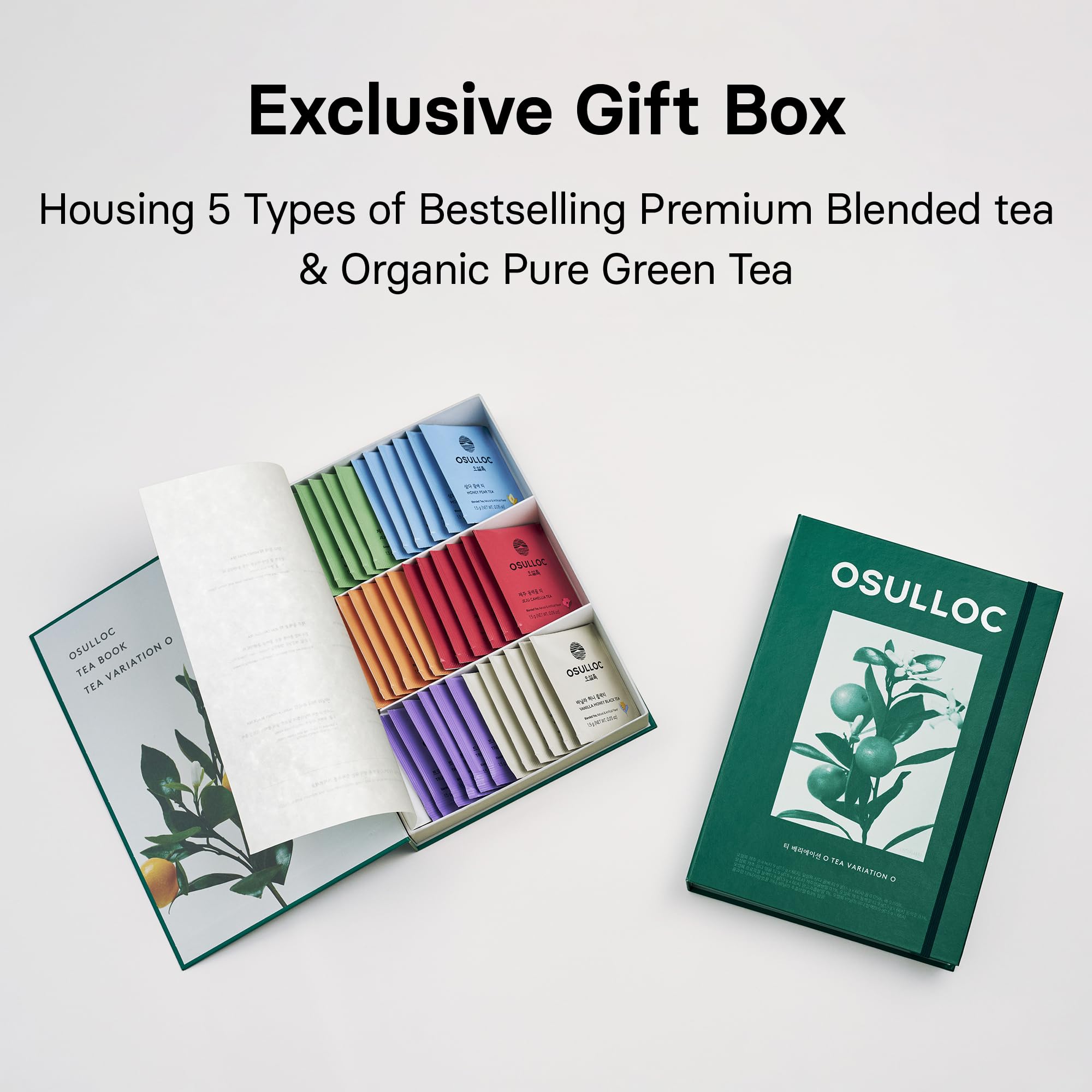 OSULLOC Premium Tea Collection (40 count, 10 flavors x 4 ea), Self Care Sampler Gift Box Variety Pack, Premium Organic Pure & Blended Tea from Jeju