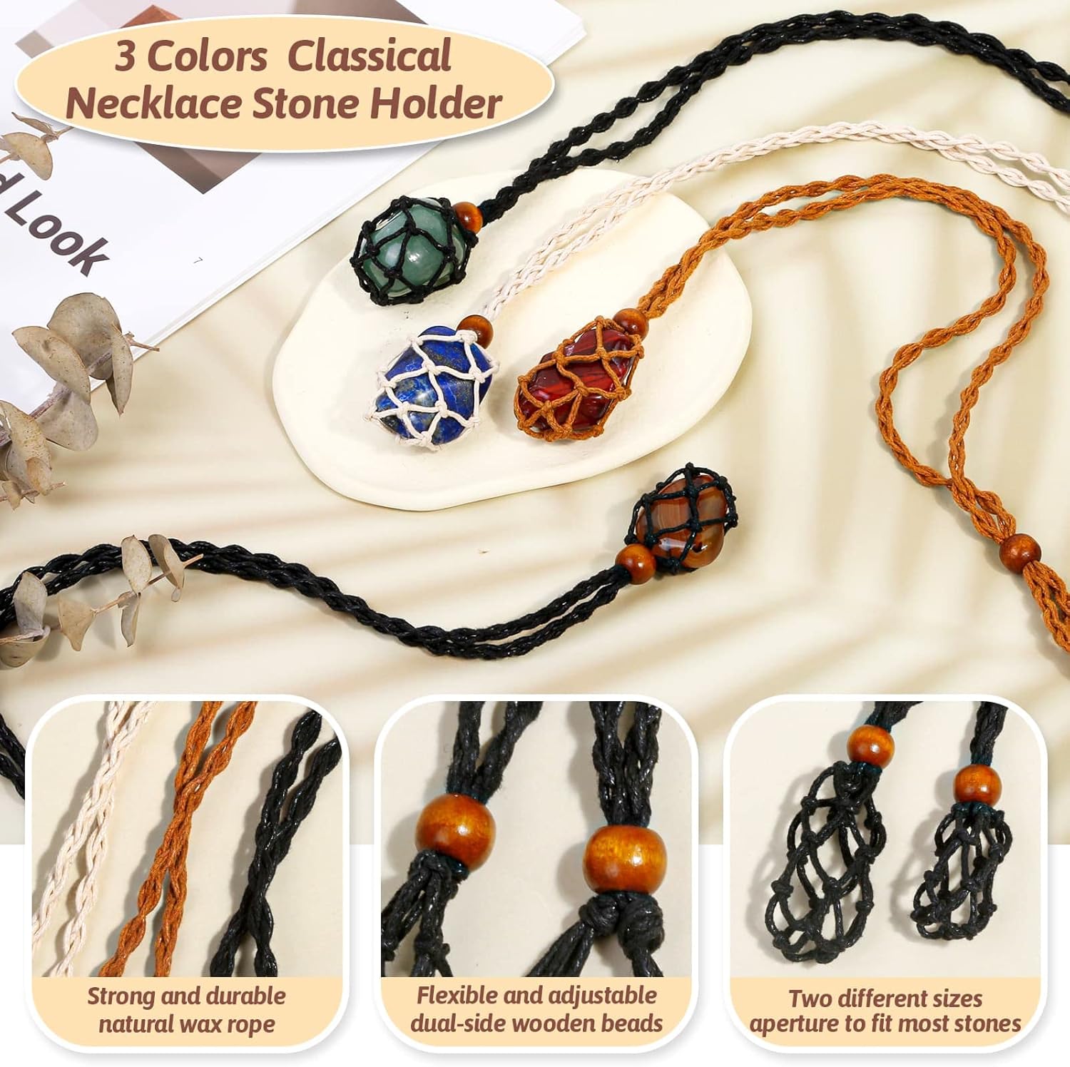 Evatage Crystals Necklace Holders and Healing Stones Set, 6Pcs Adjustable Crystal Cage with 7 Chakra Crystals and Healing Stones for Yoga, Meditation, Jewelry Gift and Home Decor