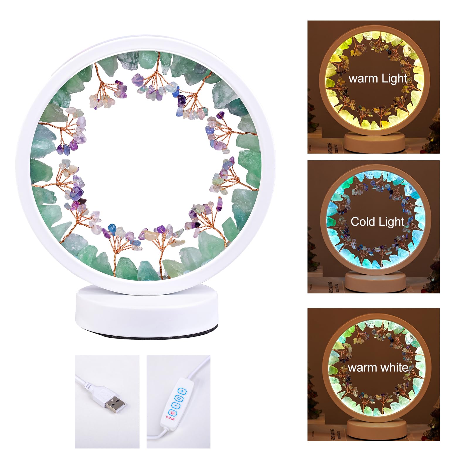 Runyangshi Amethyst Night Lamp 8.6" Natural Healing Crystal Bedside Lamp USB Port 3 Colours Dimming Mode Bedroom Lamp Suitable Night Light for Living Room Bedroom Office Home Decor Ideal Gift