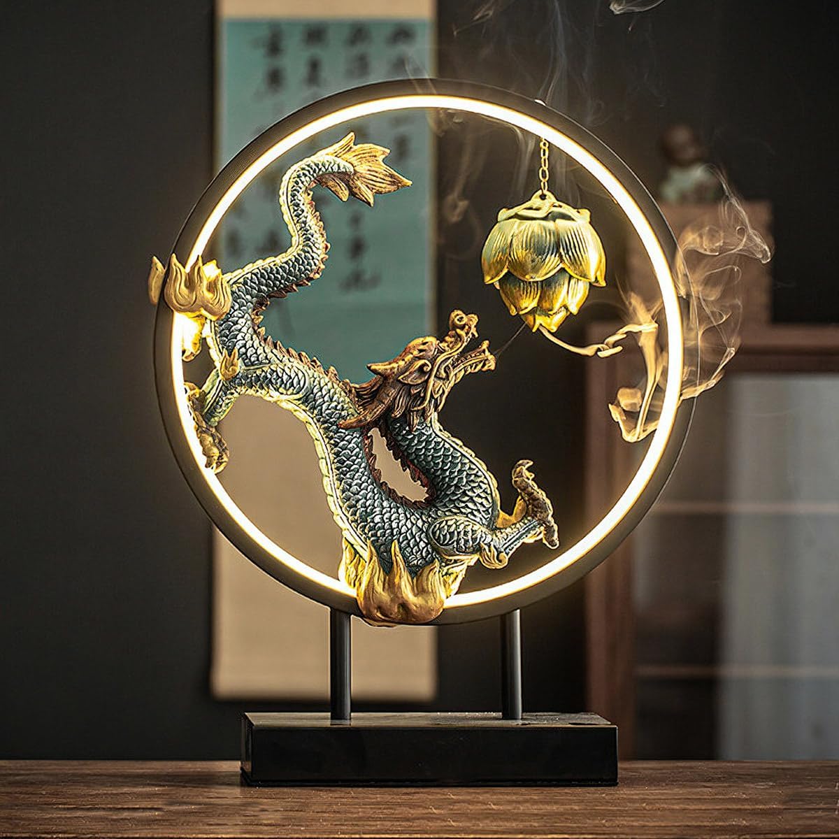 Chinese Ceramic Dragon Statue Backflow Incense Burner Sculpture with USB Power, LED Light Ring,Adjustable Brightness (BJL002)