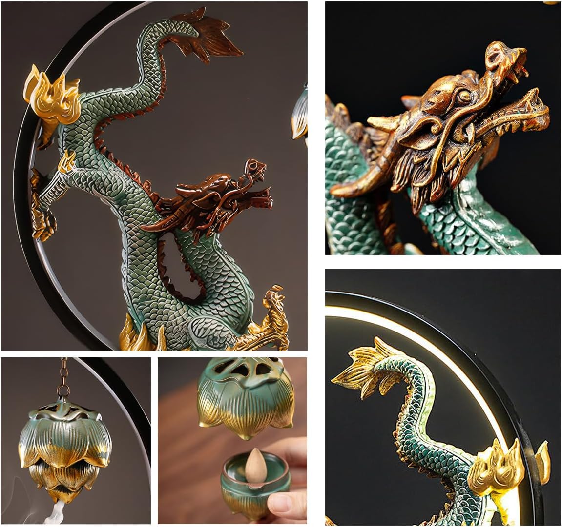 Chinese Ceramic Dragon Statue Backflow Incense Burner Sculpture with USB Power, LED Light Ring,Adjustable Brightness (BJL002)