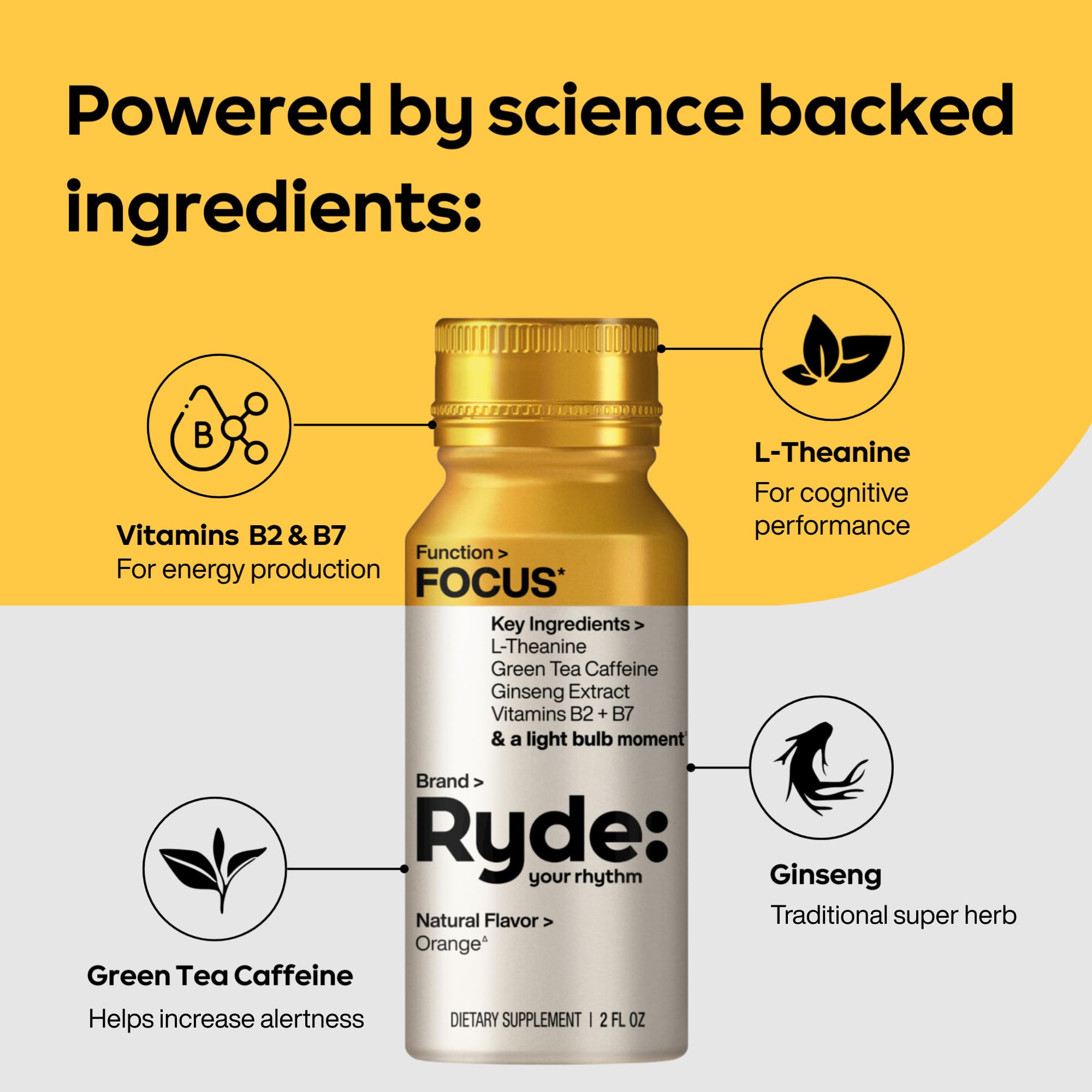 Ryde: Energize Shot | Tropical Flavor | Green Tea Caffeine, Taurine, Ginseng Extract & B Vitamins | 0 Calories, 0 Sugar | 2 FL OZ Shots | Boosts energy* (8 Pack)