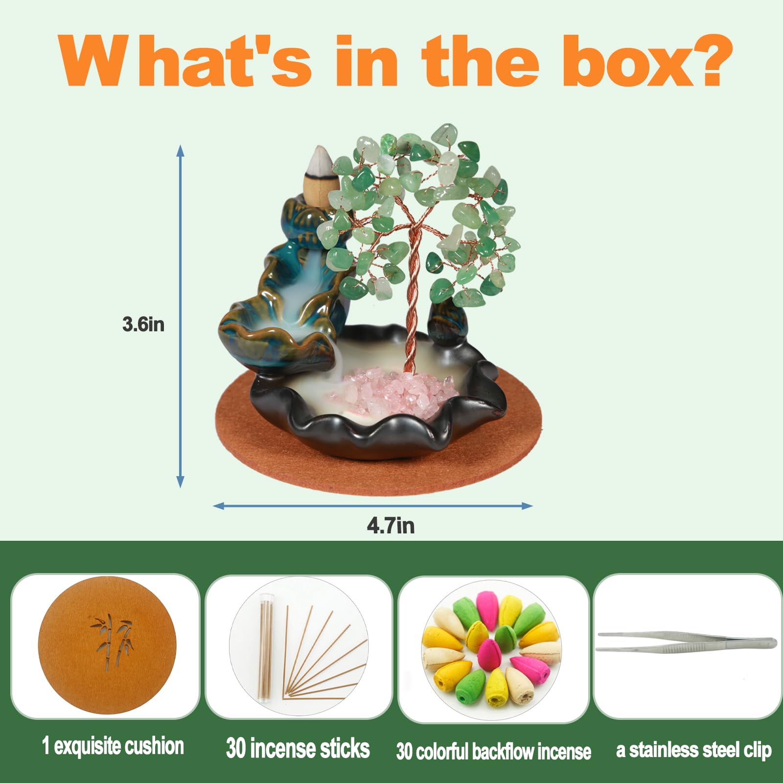 Waterfall Burner, Crystal Tree Backflow Incense Holder, with 30 Incense Cones, 30 Incense Stick, 1 Healing Crystal Necklace, Aromatherapy Anxiety Relief Items, Mom Gifts for Christmas