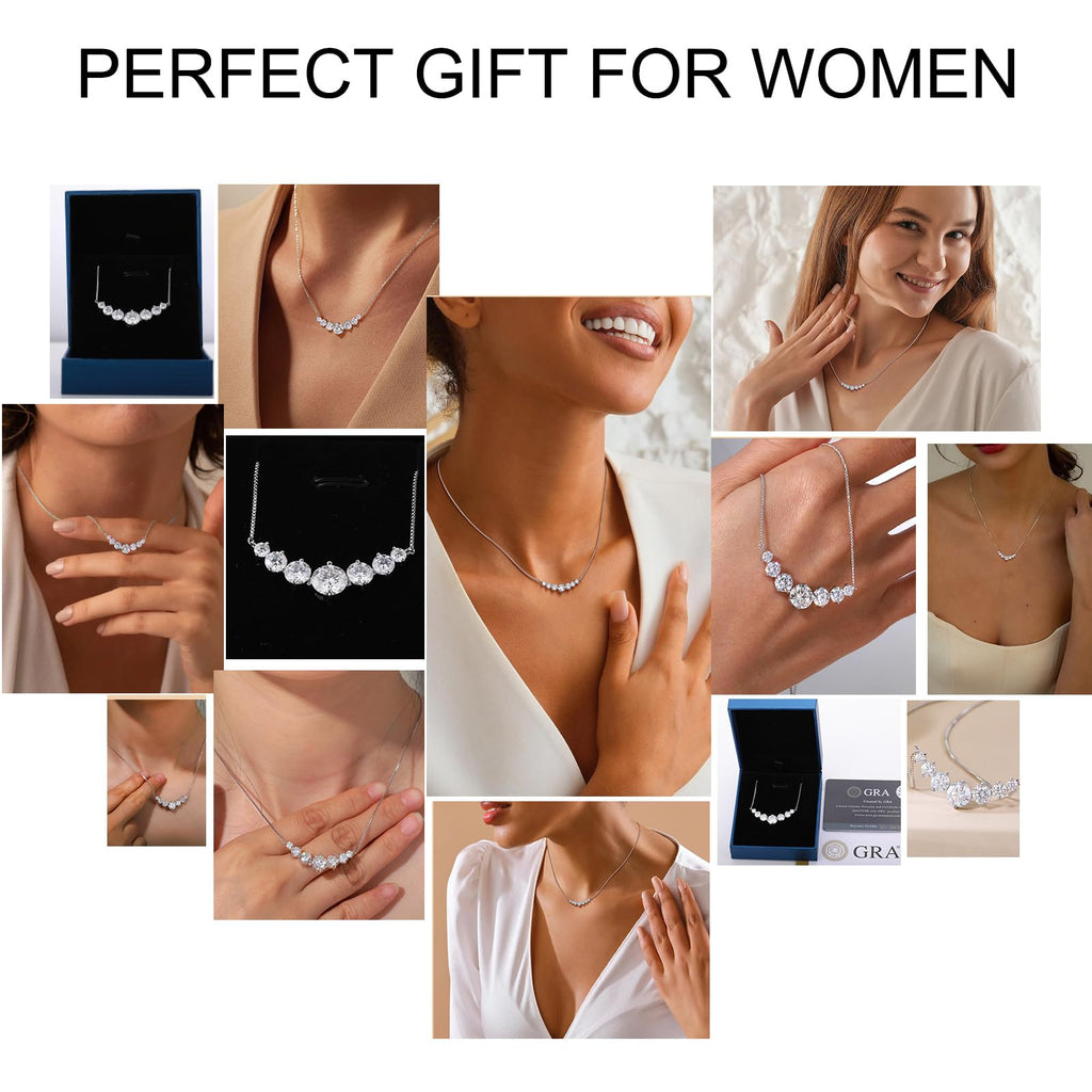 TUHE 7 Stones Moissanite Necklace for Women, 1.7-5.0 Carat Smile Moissanite Pendant Necklace 18k Gold Plated Sterling Silver 16.5+2.5 inch Box Chain Tennis Necklaces with Certificate of Authenticity