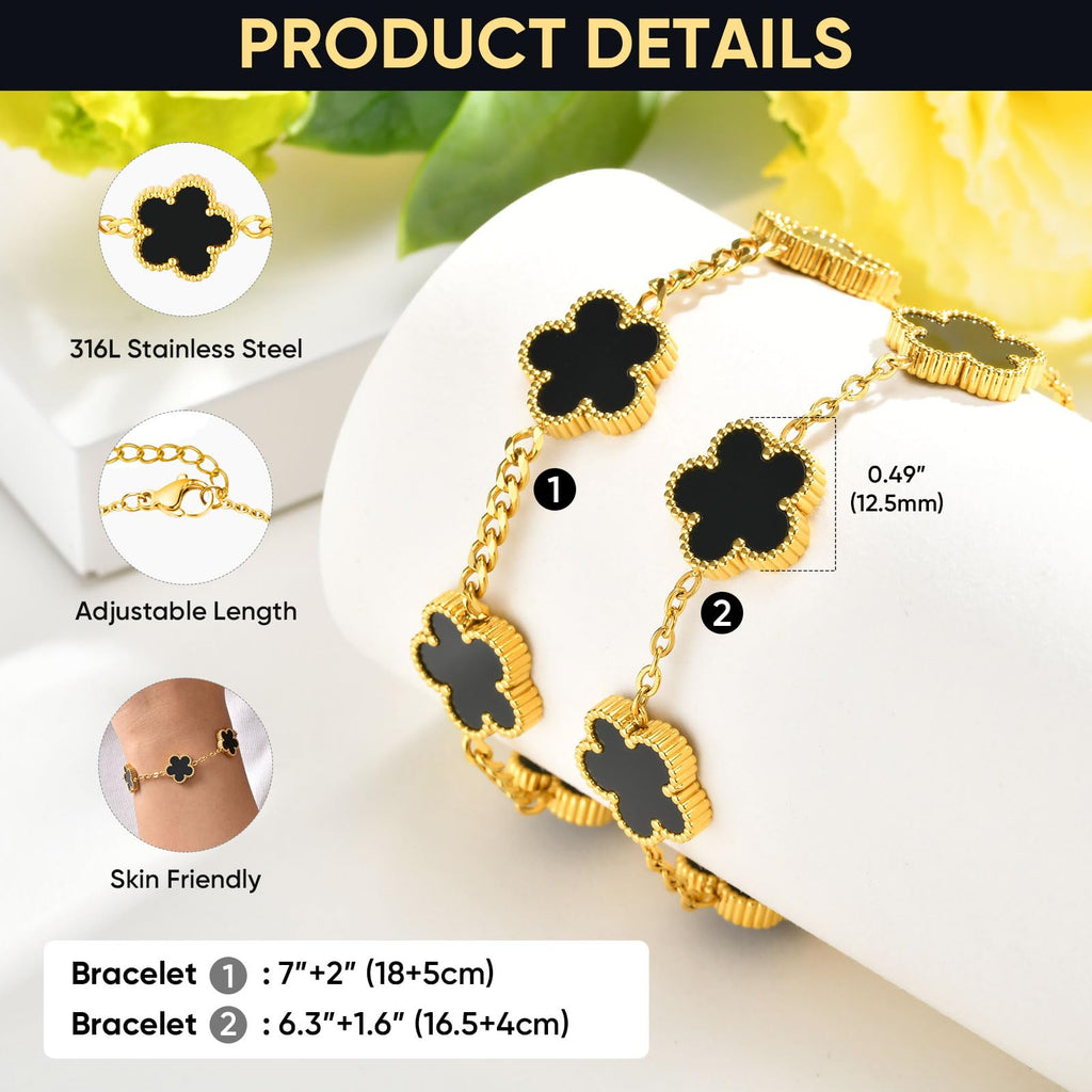 VNOX 2 PCS Floral Bracelets for Men Women -Womens Mens Stainless Steel Gold Cuban Chain Link Bracelet Lucky Charm Four Clover Flower Bracelets Trendy Jewelry Gifts