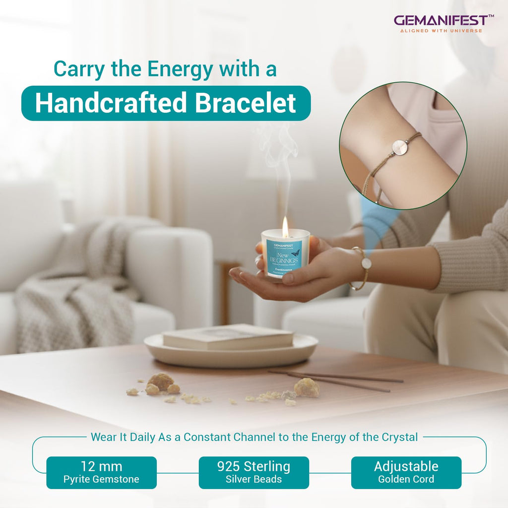 Money Manifestation Candle with Pyrite Bracelet for Wealth Prosperity and Success Pumpkin Spice Soy Candles for Office Home Scented Prosperity Crystal Candle Gifts for Men Women