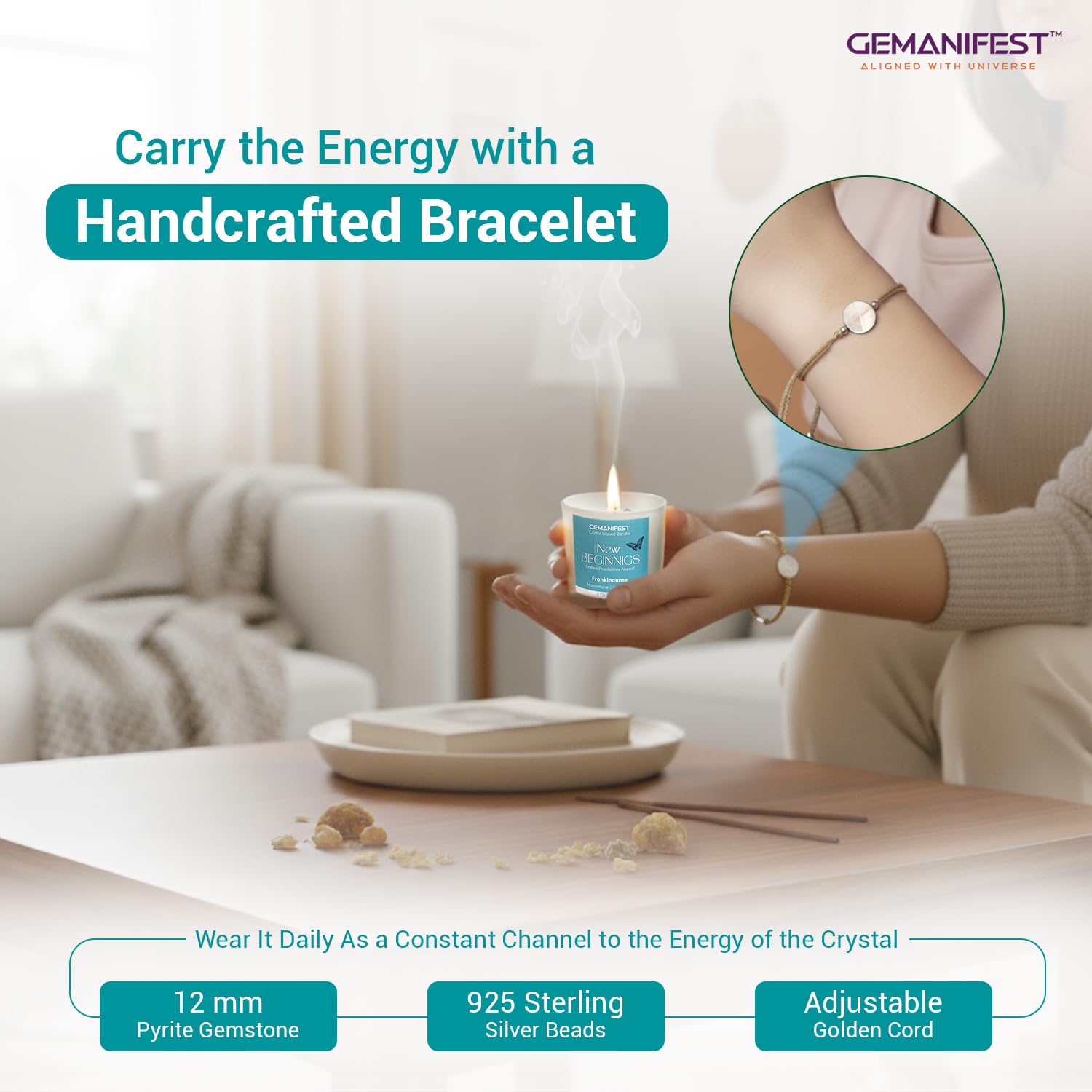 Money Manifestation Candle with Pyrite Bracelet for Wealth Prosperity and Success Pumpkin Spice Soy Candles for Office Home Scented Prosperity Crystal Candle Gifts for Men Women