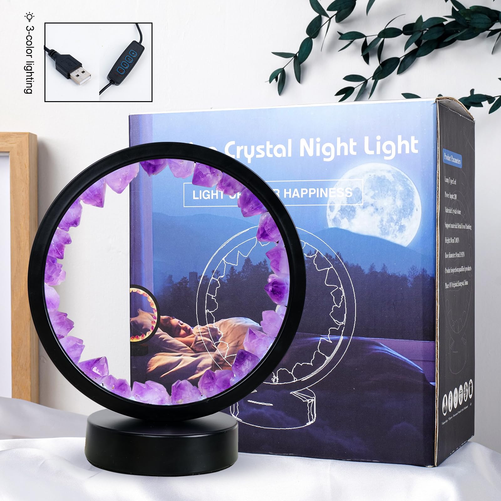 Runyangshi Amethyst Night Lamp 8.6" Natural Healing Crystal Bedside Lamp USB Port 3 Colours Dimming Mode Bedroom Lamp Suitable Night Light for Living Room Bedroom Office Home Decor Ideal Gift