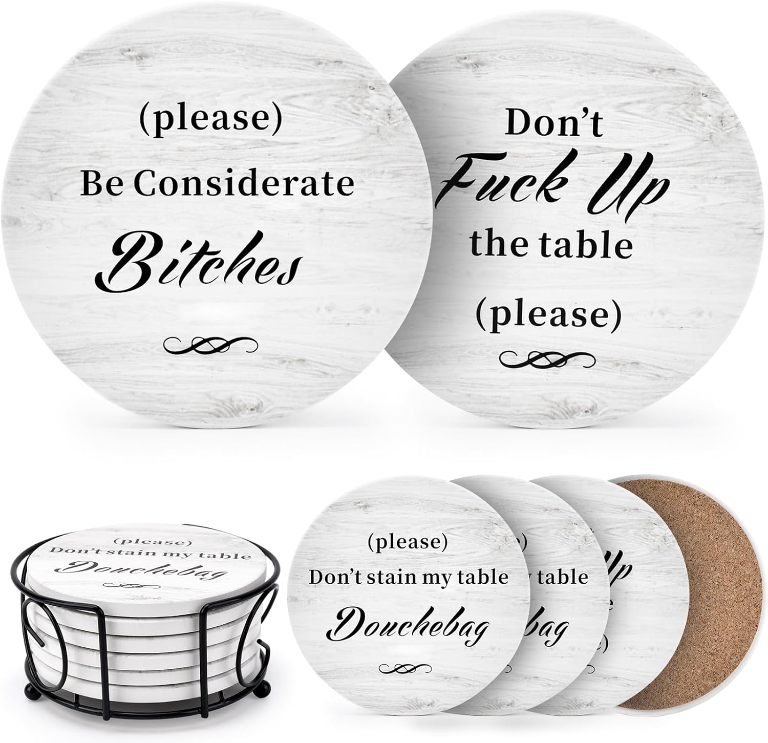 White Elephant Gifts for Adults, Funny Coasters Set of 6 with Holder Christmas Stocking Stuffers for Men Women, Gag Gifts Couples Birthday Housewarming Secret Santa Cool Friend Presents for Her Him