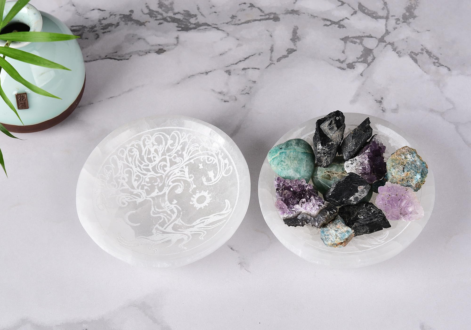AMOYSTONE Natural Selenite Charging Bowl with Mandala Engraving 3.5-4'' Energy Cleansing Crystal Plate for Healing Meditation and Spiritual Home Decor