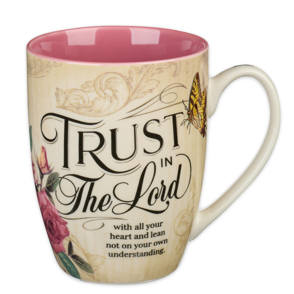 Christian Art Gifts Pink Rose Floral & Yellow Butterfly Ceramic Coffee Mug – 12 oz. Lead-free Inspirational Scripture Coffee and Tea Mug for Women with Bible Verse: Trust in the Lord - Proverbs 3:5