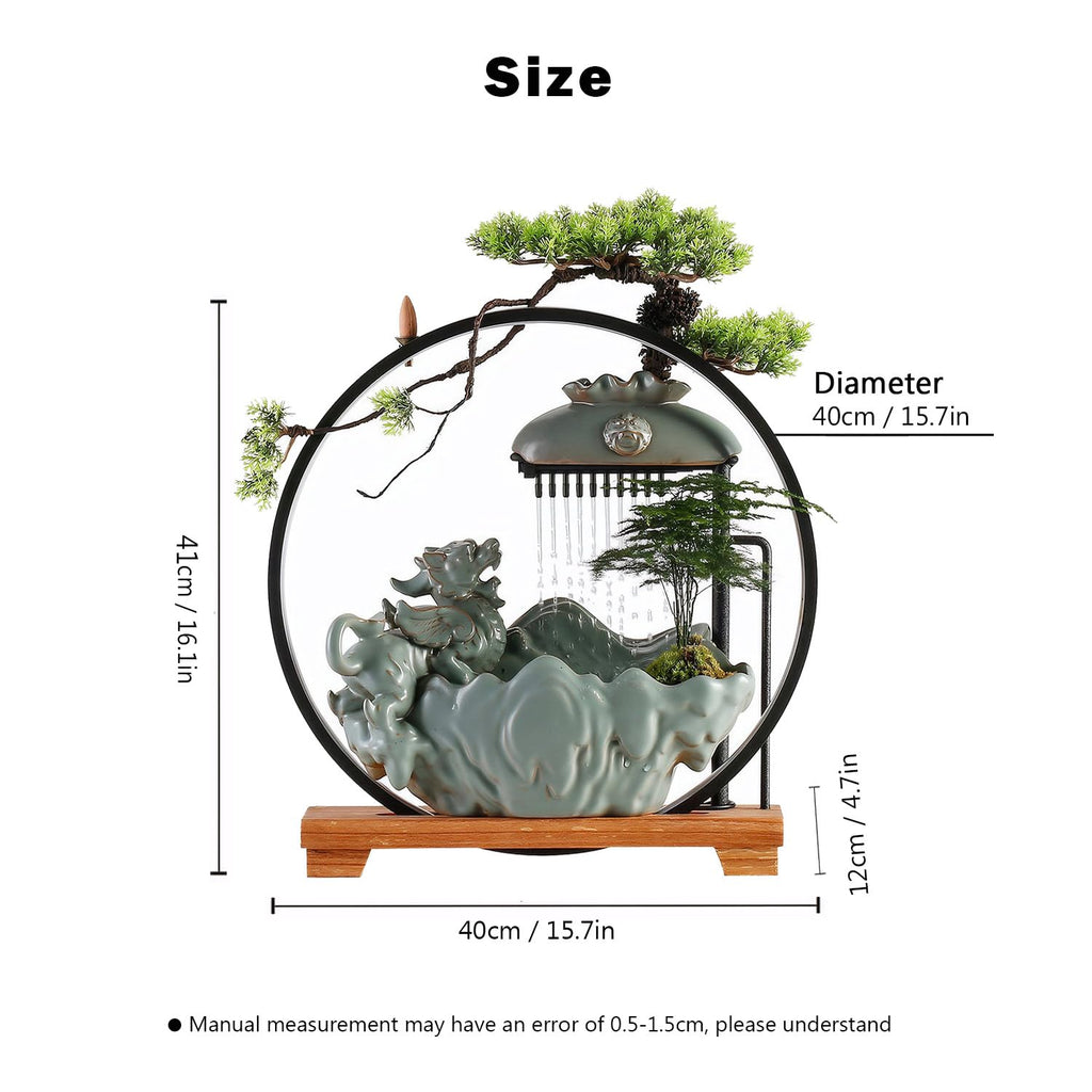 Waterfall Fountain Indoor with Mist, Tabletop Water Fountain,Desk Chinese Ceramic Pixiu Statue with LED Light Ring and Backflow Incense Burner Holder