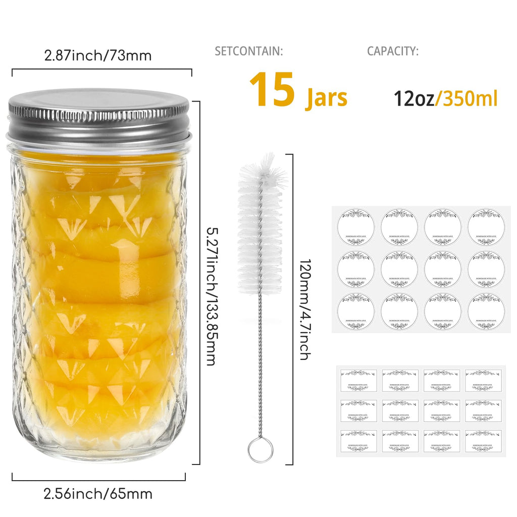 CycleMore 20 Pcs 12oz Glass Mason Jars With Silver Separable Lids, 350ml Round Canning Jars for Honey, Jam, Herb, Wedding Favor, Kitchen Storage Wide Mouth Bottles for Crafts, Meal Prep