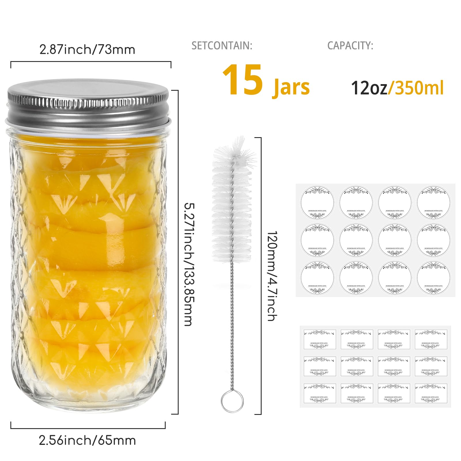 CycleMore 20 Pcs 12oz Glass Mason Jars With Silver Separable Lids, 350ml Round Canning Jars for Honey, Jam, Herb, Wedding Favor, Kitchen Storage Wide Mouth Bottles for Crafts, Meal Prep