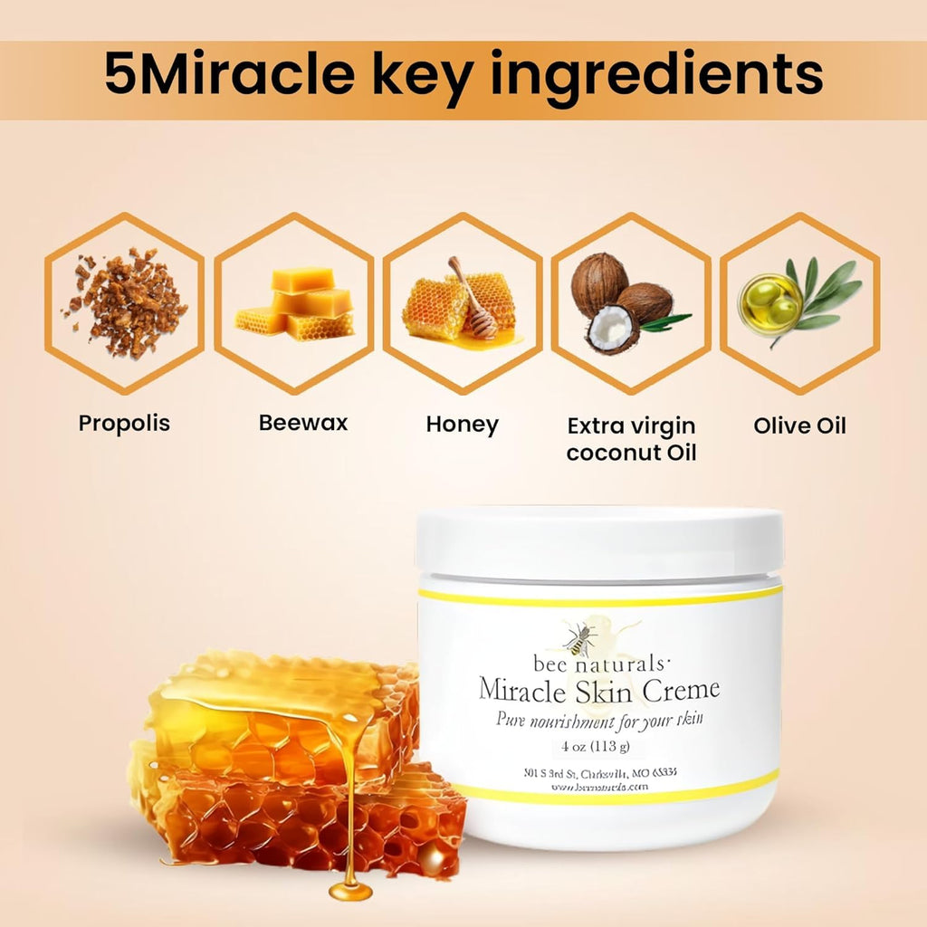 Bee Naturals Miracle Skin Creme - All-Natural Hydrating Cream for Full body - Pure Nourishment with Olive Oil, Beeswax & Coconut Oil - Loved globally for Versatility & Trusted by Generations (4 oz)