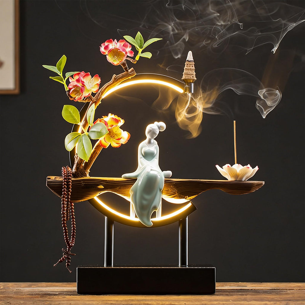 Backflow Incense Holder, Ceramic Incense Burner with Adjustable LED Light, Chinese Style Ornament Incense Holders with Backflow for Relaxing and Home Decor