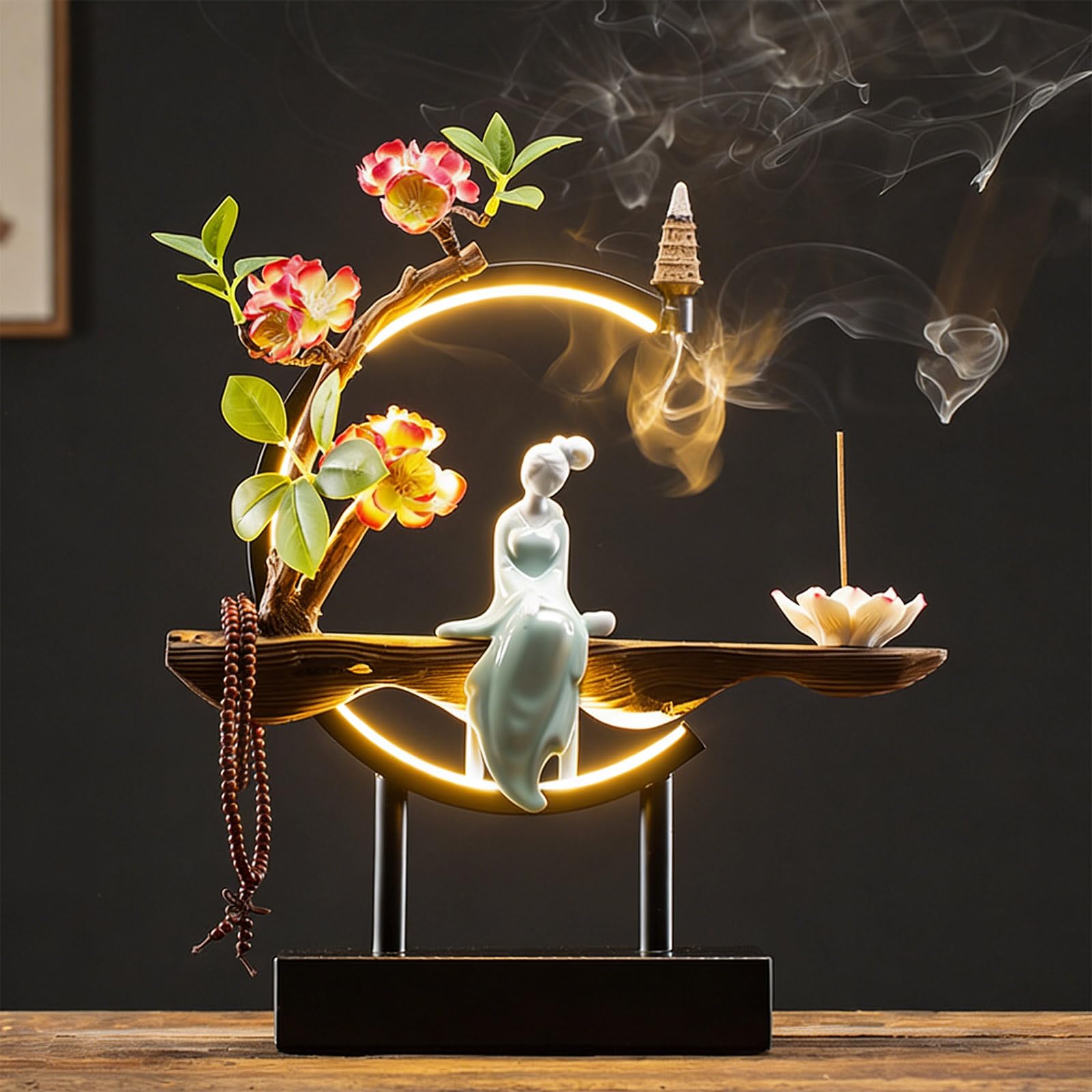 Backflow Incense Holder, Ceramic Incense Burner with Adjustable LED Light, Chinese Style Ornament Incense Holders with Backflow for Relaxing and Home Decor