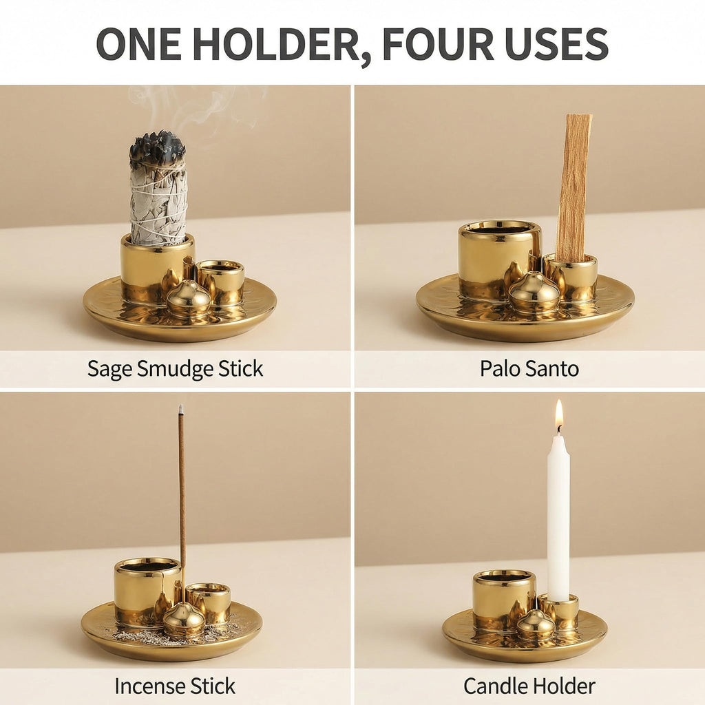 Handmade Ceramic Incense Burner for Palo Santo Incense Sticks, 4 in 1 Multi-Purpose Sage Holder for Burning, Ash Catcher Tray for Meditation Yoga Room (Golden)