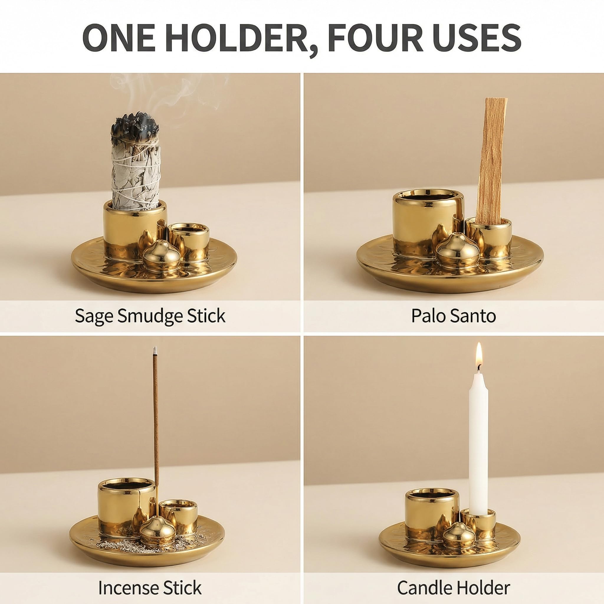 Handmade Ceramic Incense Burner for Palo Santo Incense Sticks, 4 in 1 Multi-Purpose Sage Holder for Burning, Ash Catcher Tray for Meditation Yoga Room (Golden)