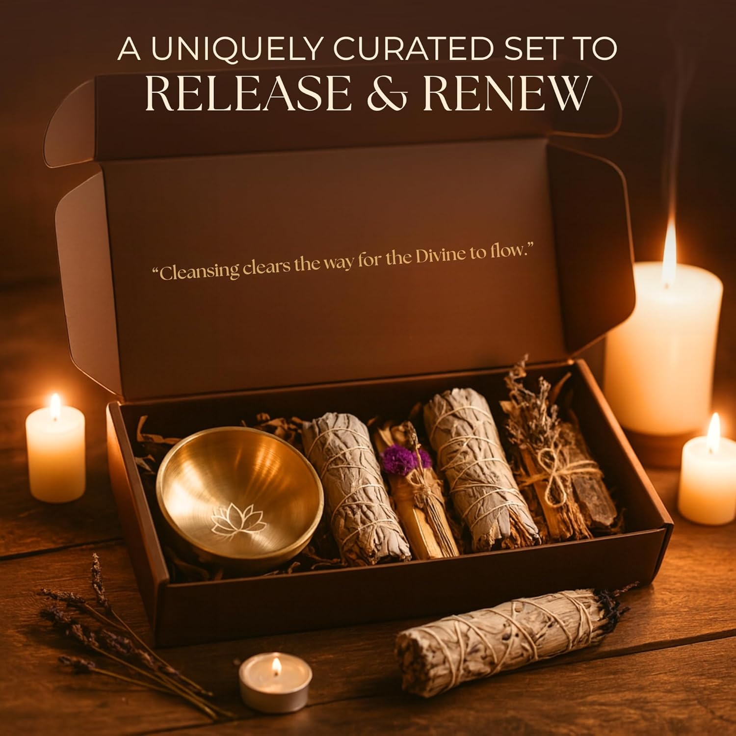 Anima Premium Energy Cleansing Set – White Sage Smudge Sticks, Palo Santo Sticks, Clear Quartz & Selenite Crystal with Smudge Bowl for Crystals & Home Cleansing, Meditation & Manifestation