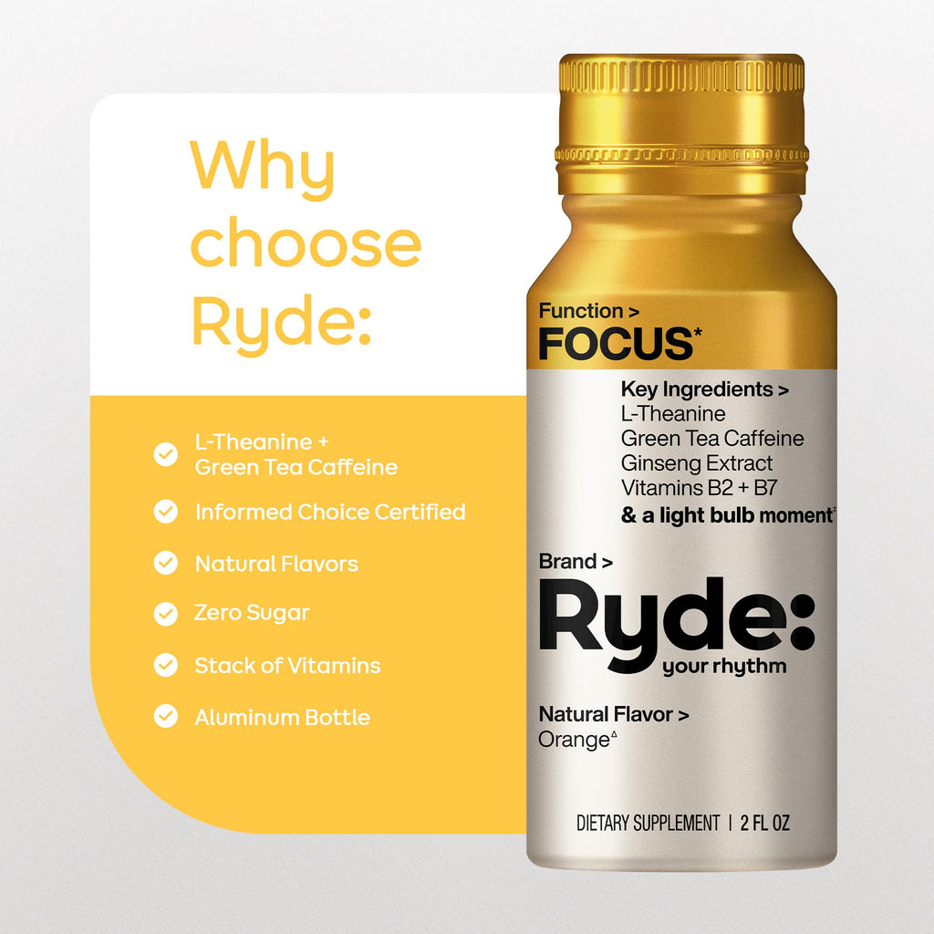 Ryde: Energize Shot | Tropical Flavor | Green Tea Caffeine, Taurine, Ginseng Extract & B Vitamins | 0 Calories, 0 Sugar | 2 FL OZ Shots | Boosts energy* (8 Pack)