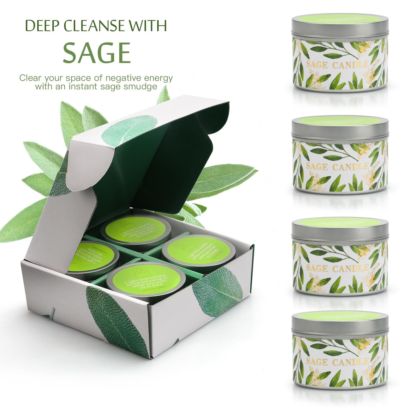 Sage Candle Gift Set, 4 Pack Natural Soy Wax White Sage Smudge Kit with Healing Crystals for House Cleansing Negative Energy, Spiritual Meditation & Aromatherapy, Ideal Mother's Day Housewarming Gifts