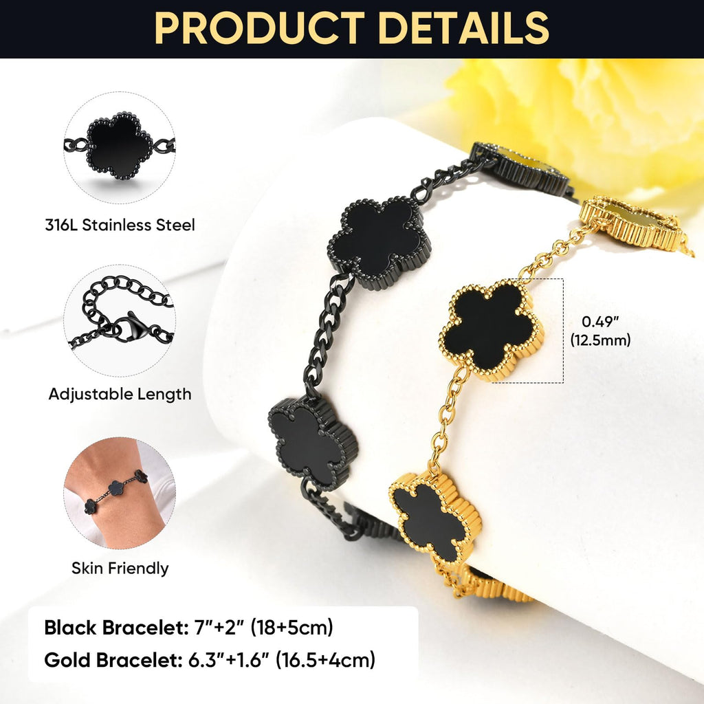 VNOX 2 PCS Floral Bracelets for Men Women -Womens Mens Stainless Steel Gold Cuban Chain Link Bracelet Lucky Charm Four Clover Flower Bracelets Trendy Jewelry Gifts