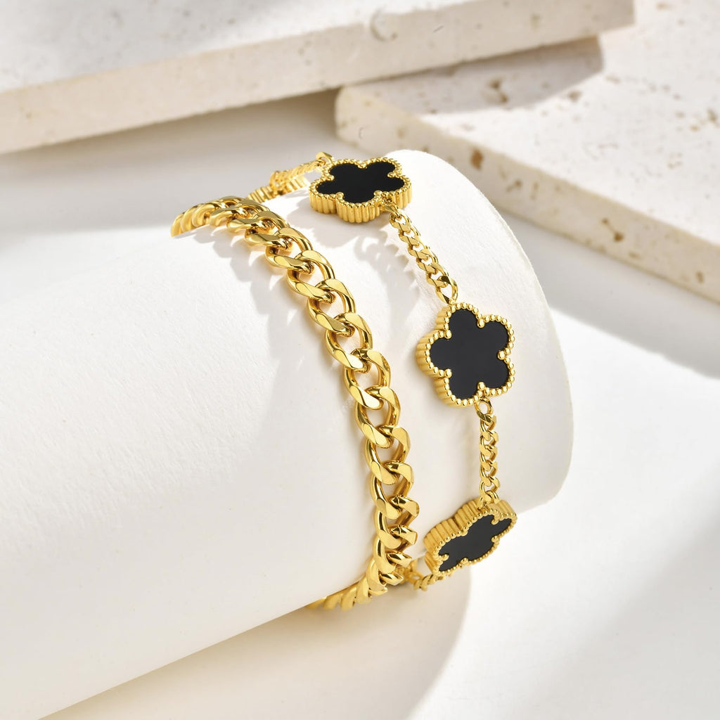 VNOX 2 PCS Floral Bracelets for Men Women -Womens Mens Stainless Steel Gold Cuban Chain Link Bracelet Lucky Charm Four Clover Flower Bracelets Trendy Jewelry Gifts