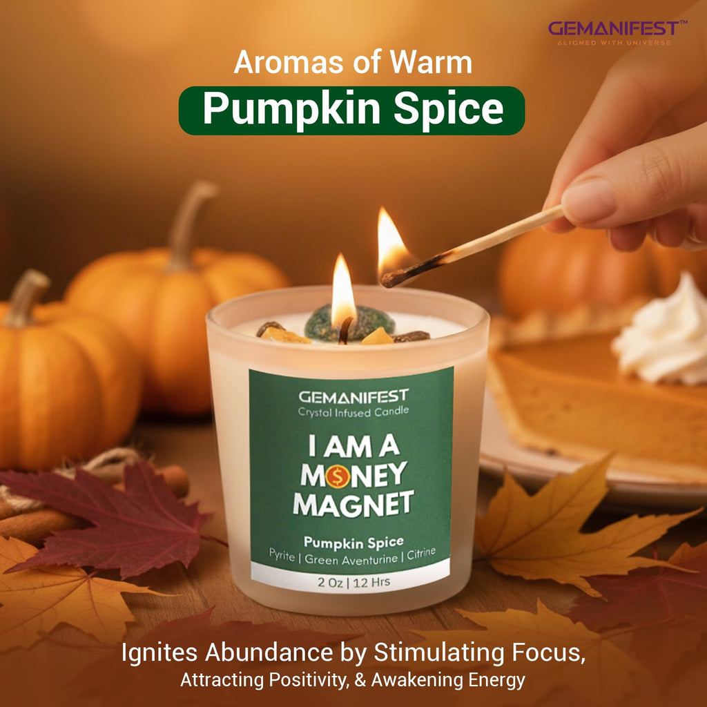 Money Manifestation Candle with Pyrite Bracelet for Wealth Prosperity and Success Pumpkin Spice Soy Candles for Office Home Scented Prosperity Crystal Candle Gifts for Men Women