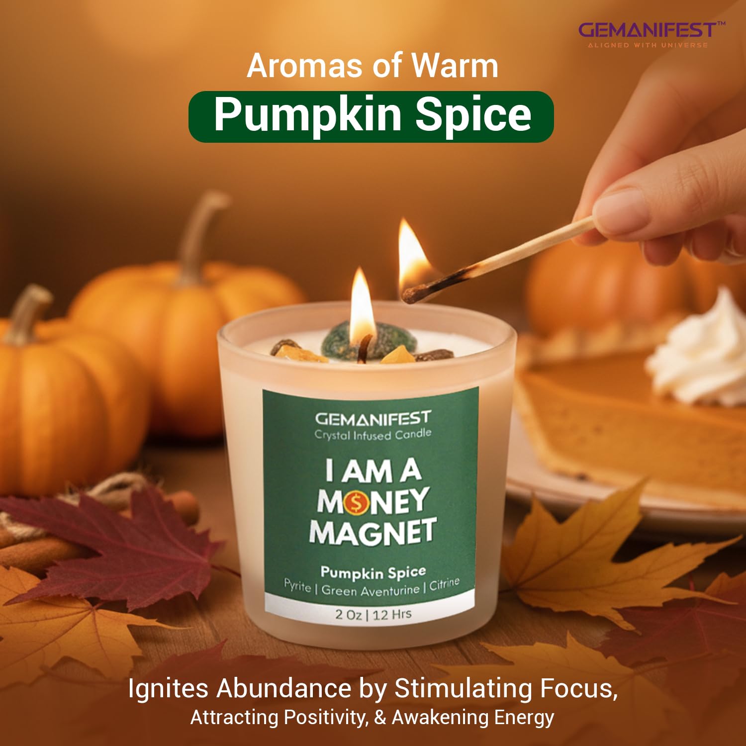 Money Manifestation Candle with Pyrite Bracelet for Wealth Prosperity and Success Pumpkin Spice Soy Candles for Office Home Scented Prosperity Crystal Candle Gifts for Men Women