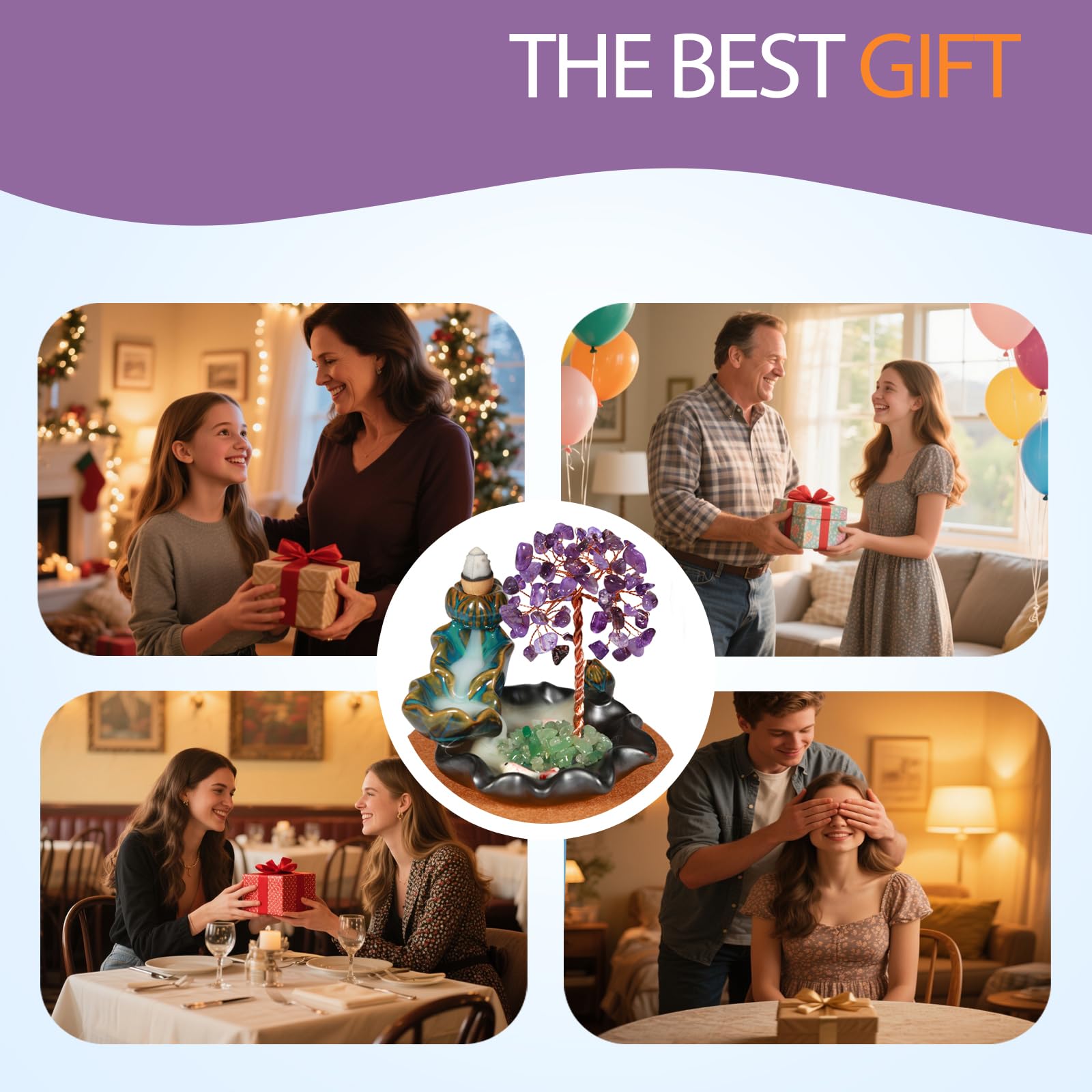 Waterfall Burner, Crystal Tree Backflow Incense Holder, with 30 Incense Cones, 30 Incense Stick, 1 Healing Crystal Necklace, Aromatherapy Anxiety Relief Items, Mom Gifts for Christmas