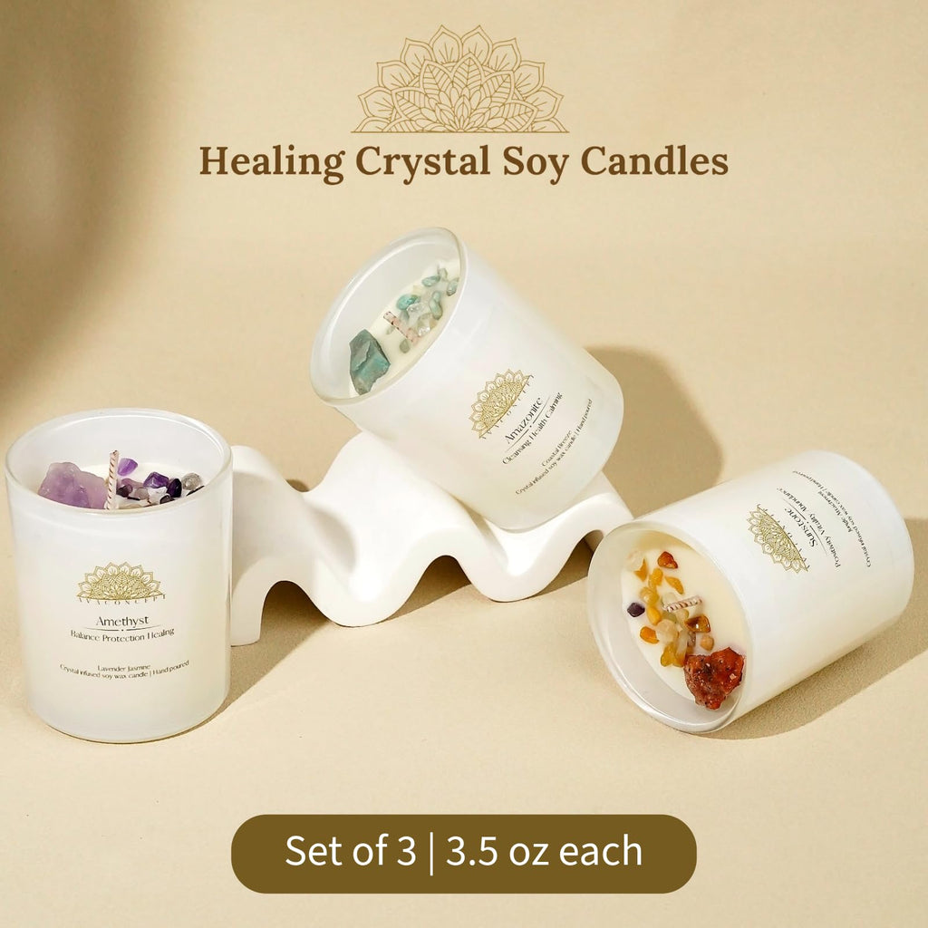 AVACONCEPT Crystal Infused Soy Wax Candle Gift Set Aromatherapy Scented Candles with Healing Crystals Natural Hand-Poured Luxury for Relaxation & Home Décor (Sunstone & Amethyst & Amazonite)