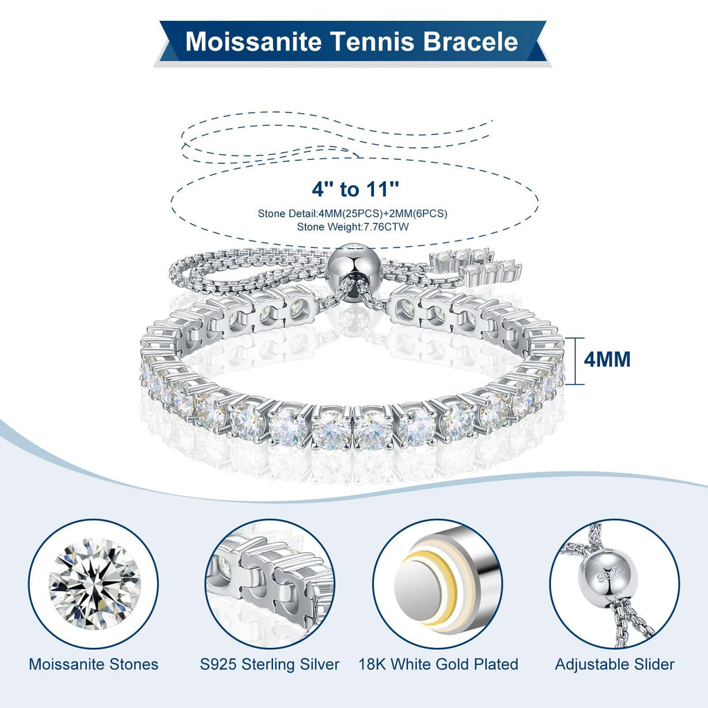 Moissanite Tennis Bracelet 1.79ct-8.69ct Adjustable Bracelet for Women 18K White Gold Plated S925 Sterling Silver Tennis Bracelet D Color VVS1 Round Cut 2/3/4mm Moissanite Bracelet Gifts for Wife/Mom