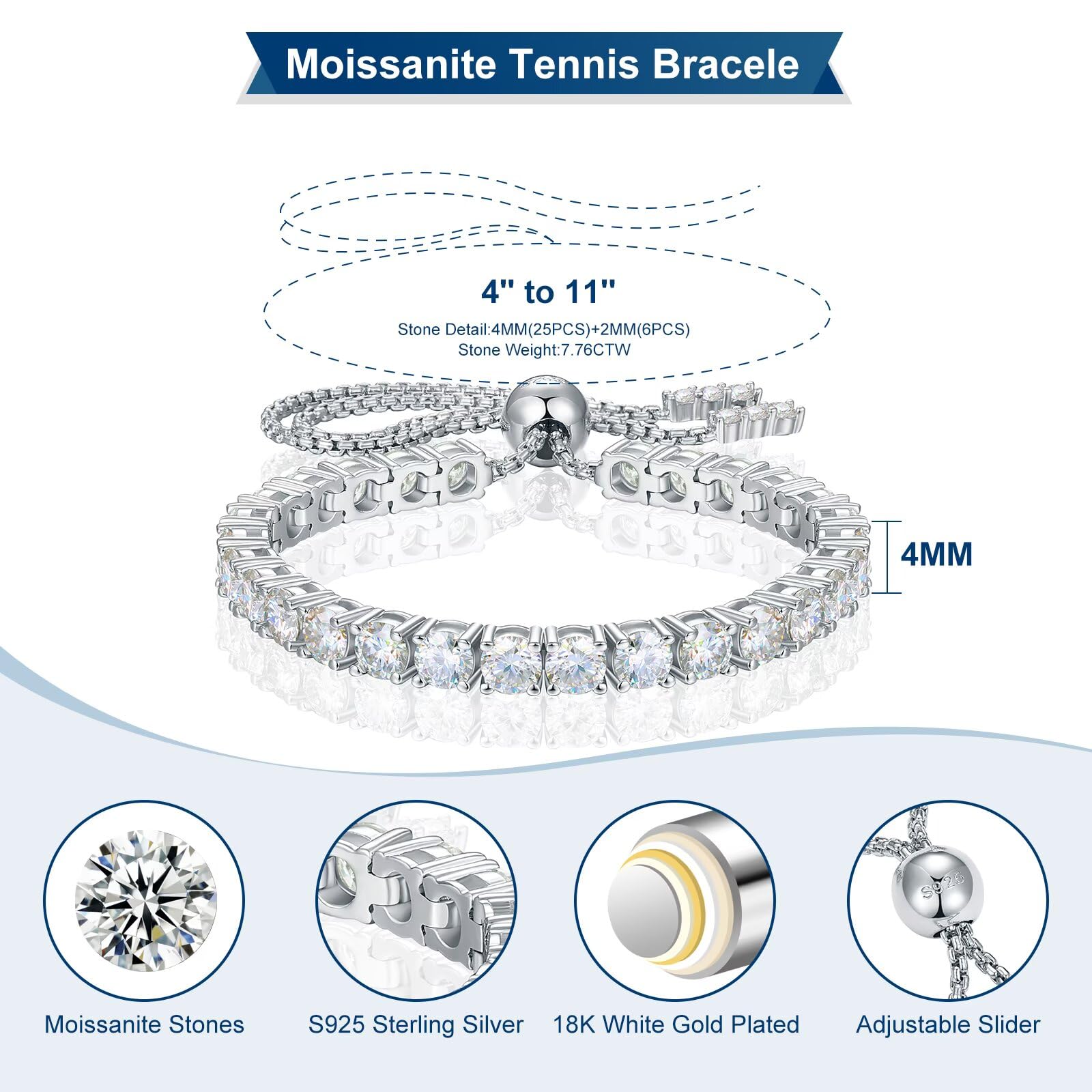 Moissanite Tennis Bracelet 1.79ct-8.69ct Adjustable Bracelet for Women 18K White Gold Plated S925 Sterling Silver Tennis Bracelet D Color VVS1 Round Cut 2/3/4mm Moissanite Bracelet Gifts for Wife/Mom